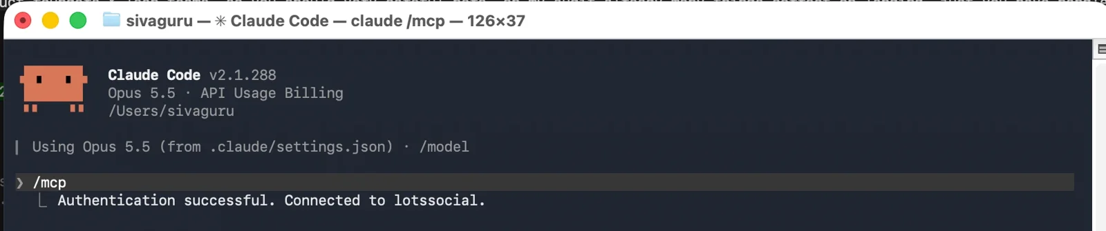 Claude Code showing Authentication successful. Connected to lotssocial.