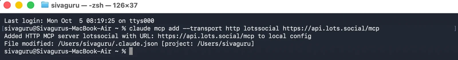 Terminal output after running claude mcp add for LotsSocial