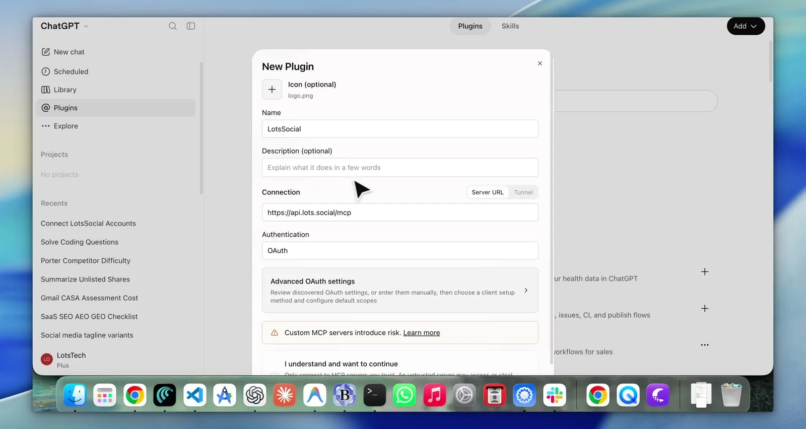 The recorded LotsSocial MCP app configuration in ChatGPT