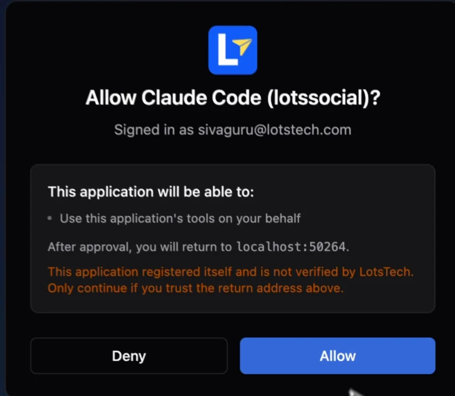 LotsSocial asking whether to allow Claude Code (lotssocial)