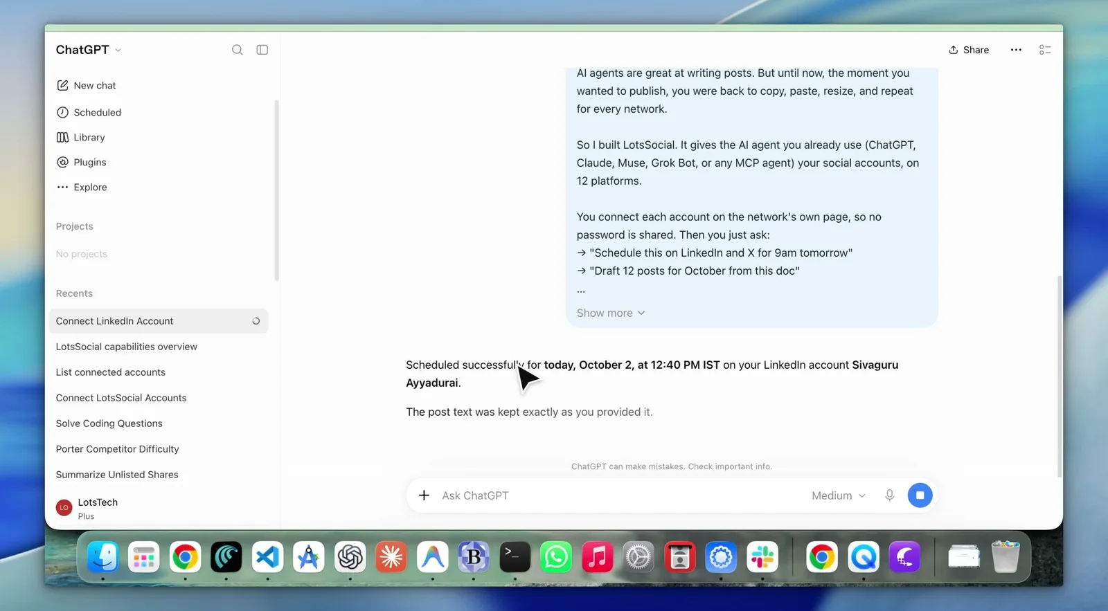 The scheduling step in the recorded ChatGPT workflow