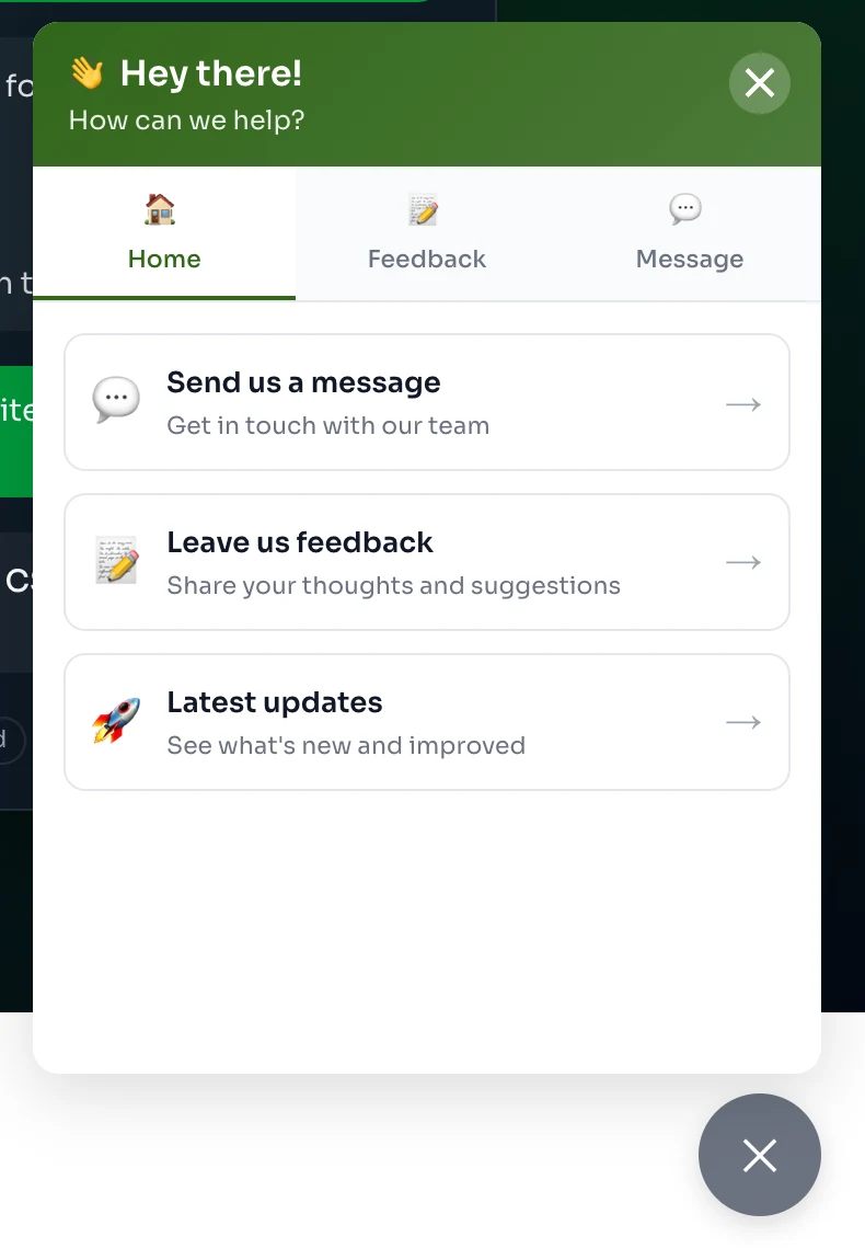 The LotsTeam widget open on lots.team: Home tab with Send us a message, Leave us feedback and Latest updates